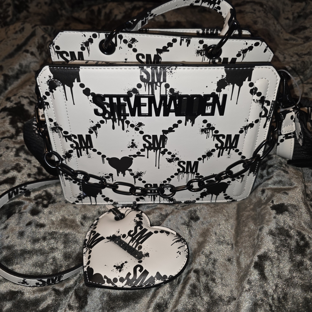 Steve Madden 2025 Black And White Crossbody Bag with Heart Accent